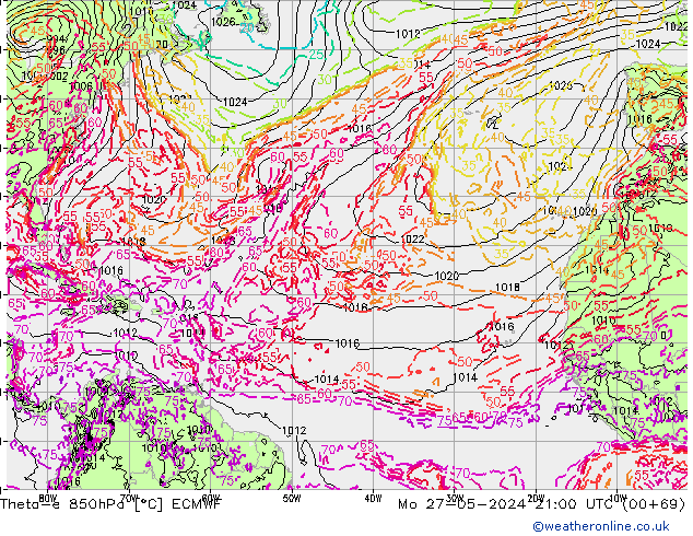 Theta-e 850hPa ECMWF lun 27.05.2024 21 UTC