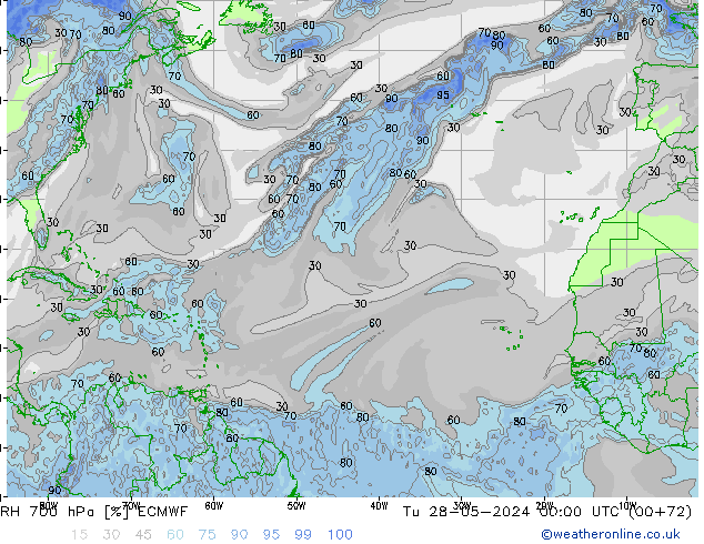 RH 700 hPa ECMWF Út 28.05.2024 00 UTC