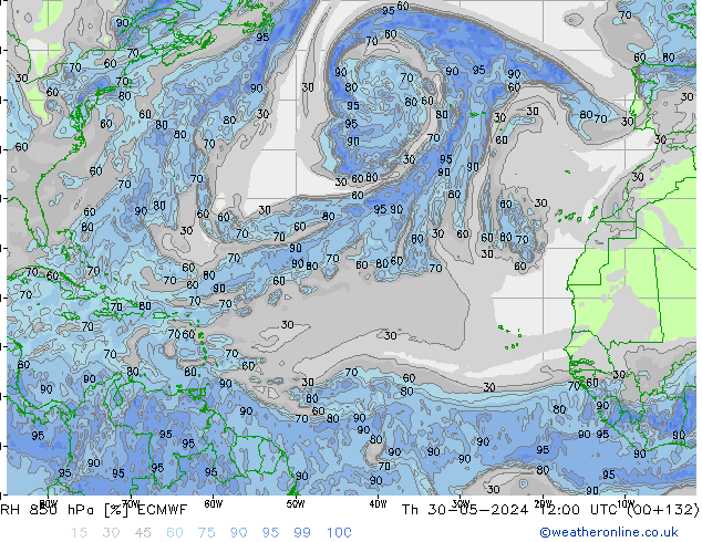 Humidité rel. 850 hPa ECMWF jeu 30.05.2024 12 UTC