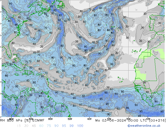 RH 850 hPa ECMWF Po 03.06.2024 00 UTC