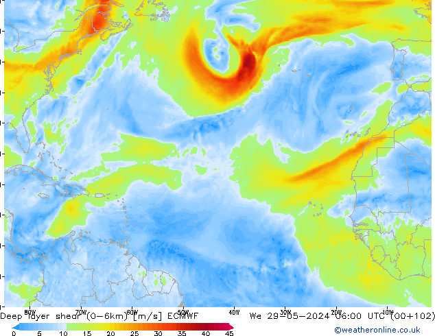 Deep layer shear (0-6km) ECMWF  29.05.2024 06 UTC