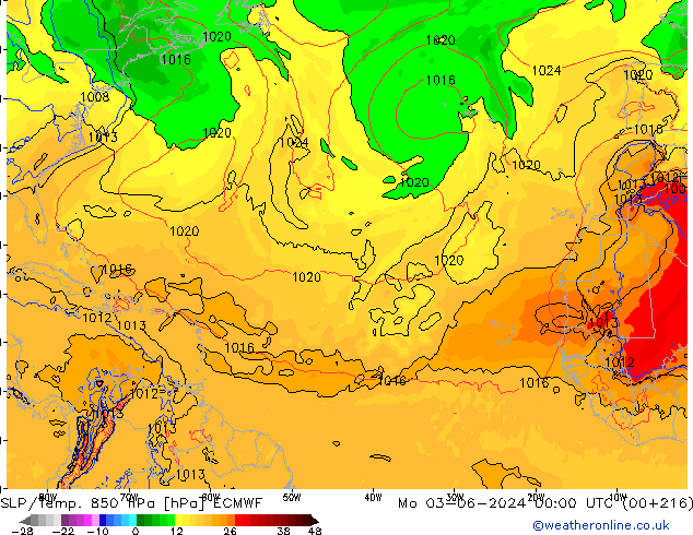 SLP/Temp. 850 гПа ECMWF пн 03.06.2024 00 UTC