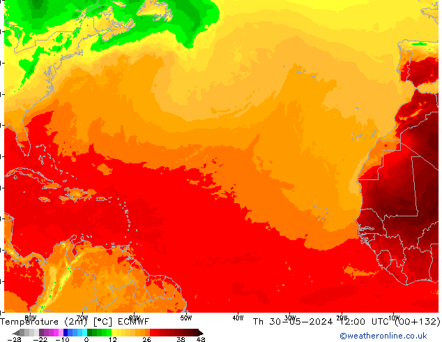 mapa temperatury (2m) ECMWF czw. 30.05.2024 12 UTC