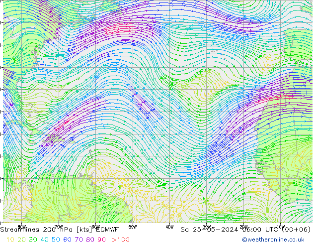 Linea di flusso 200 hPa ECMWF sab 25.05.2024 06 UTC