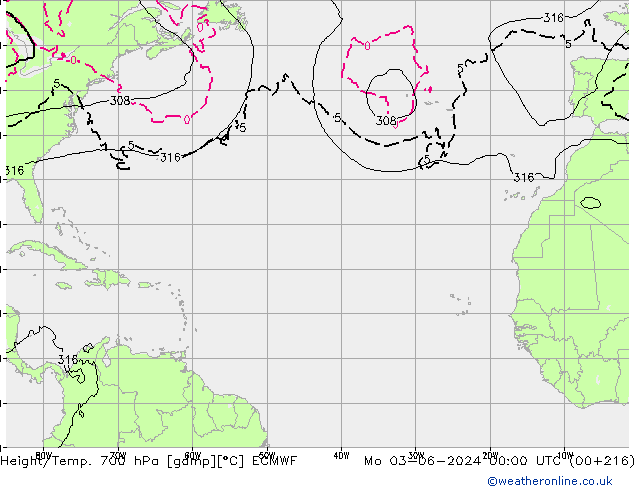 Height/Temp. 700 hPa ECMWF Po 03.06.2024 00 UTC