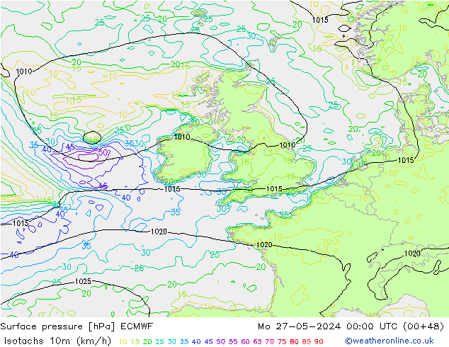 Isotachs (kph) ECMWF Mo 27.05.2024 00 UTC