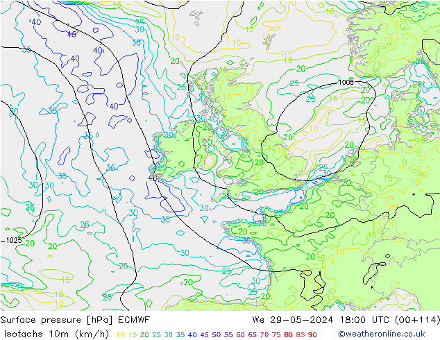 Eşrüzgar Hızları (km/sa) ECMWF Çar 29.05.2024 18 UTC