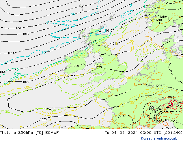 Theta-e 850hPa ECMWF Tu 04.06.2024 00 UTC