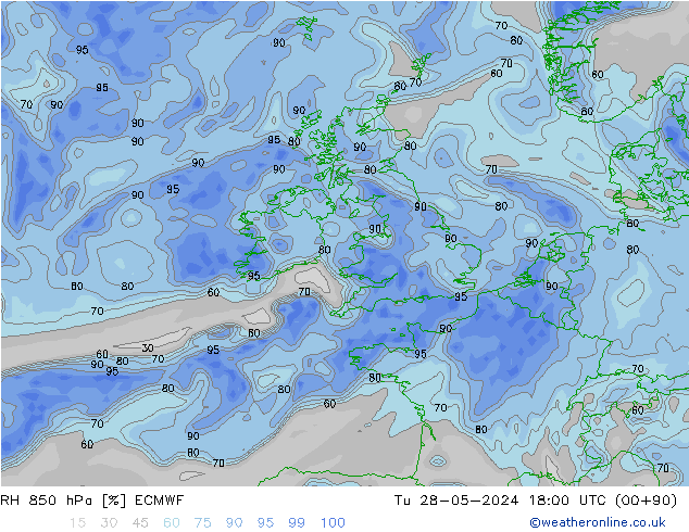 RH 850 hPa ECMWF Út 28.05.2024 18 UTC