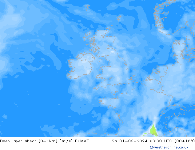 Deep layer shear (0-1km) ECMWF sab 01.06.2024 00 UTC