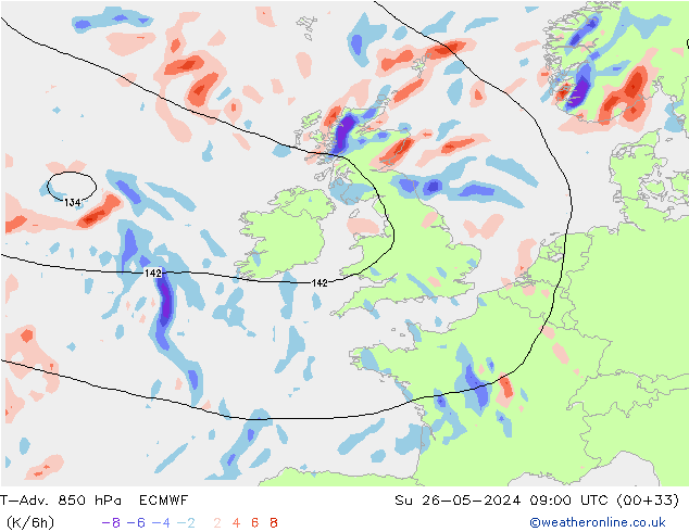 T-Adv. 850 гПа ECMWF Вс 26.05.2024 09 UTC