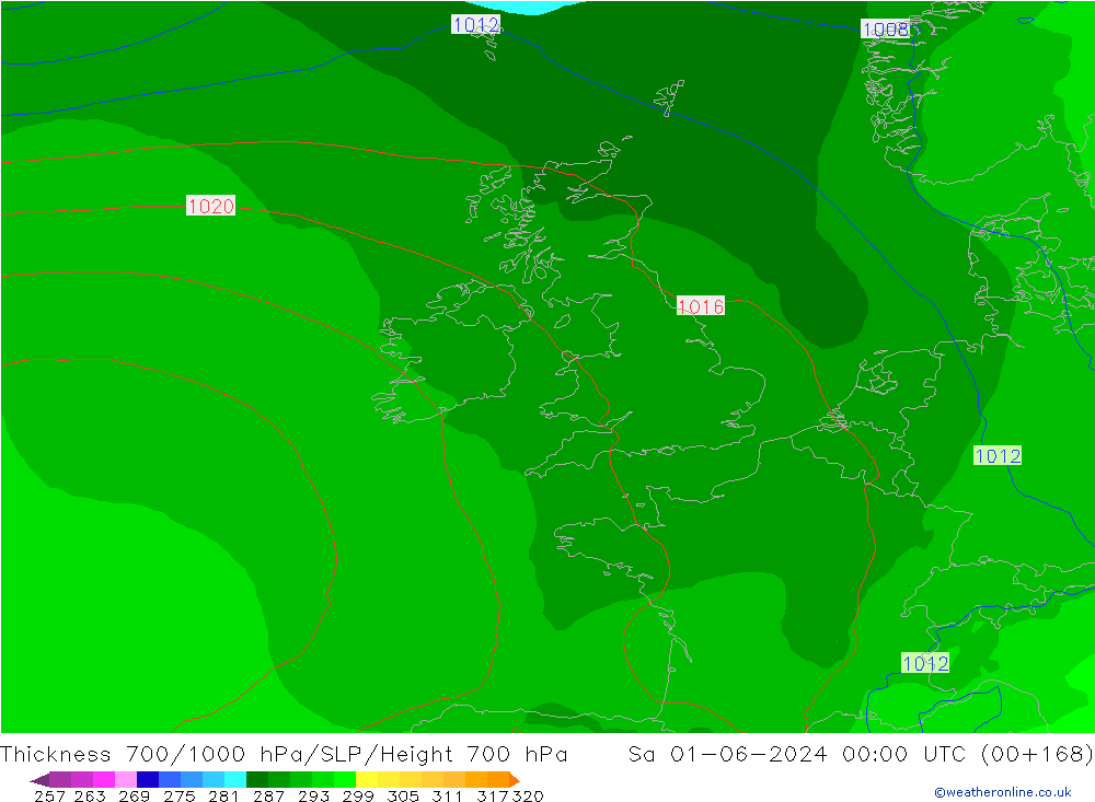 Thck 700-1000 hPa ECMWF sab 01.06.2024 00 UTC