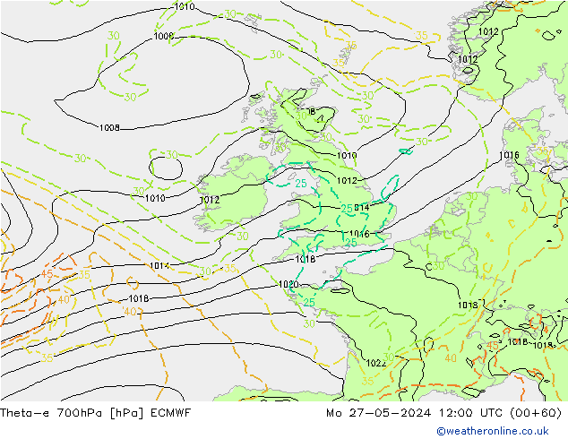 Theta-e 700hPa ECMWF lun 27.05.2024 12 UTC