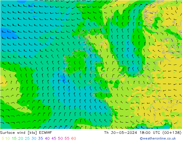 Viento 10 m ECMWF jue 30.05.2024 18 UTC