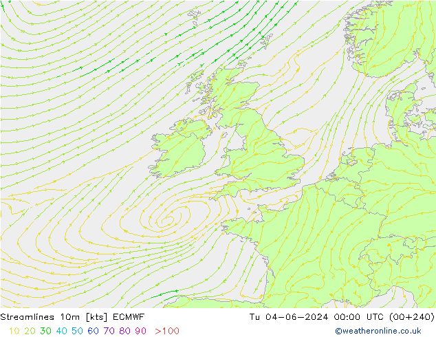 Streamlines 10m ECMWF Tu 04.06.2024 00 UTC