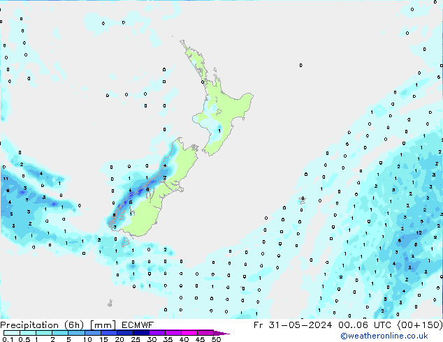 Totale neerslag (6h) ECMWF vr 31.05.2024 06 UTC