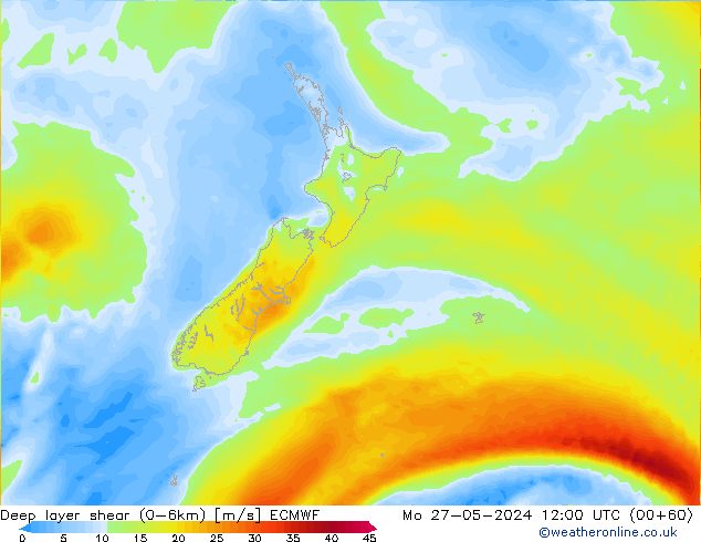 Deep layer shear (0-6km) ECMWF lun 27.05.2024 12 UTC