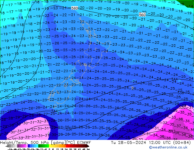 Height/Temp. 500 hPa ECMWF Ter 28.05.2024 12 UTC