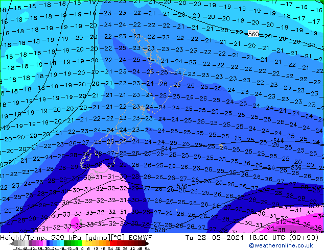 Géop./Temp. 500 hPa ECMWF mar 28.05.2024 18 UTC