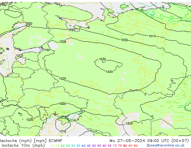 Isotachs (mph) ECMWF Mo 27.05.2024 09 UTC
