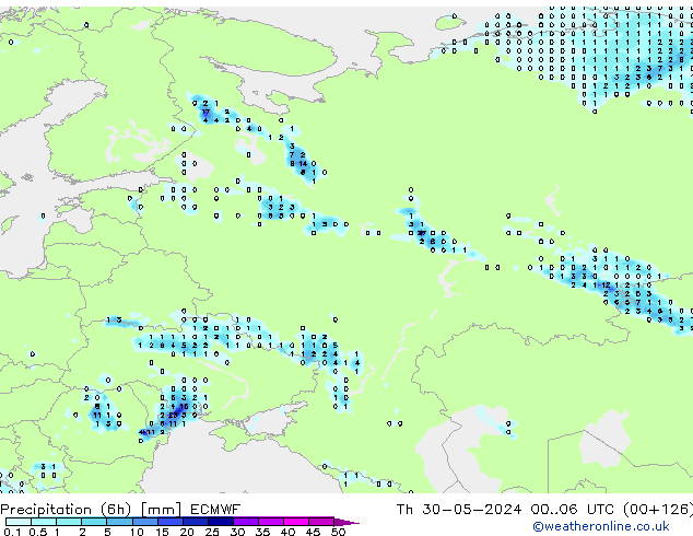 Precipitation (6h) ECMWF Th 30.05.2024 06 UTC