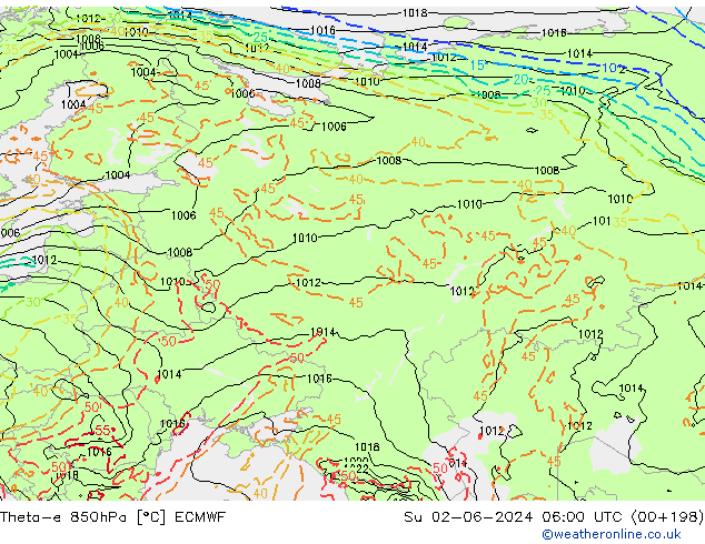 Theta-e 850hPa ECMWF Su 02.06.2024 06 UTC