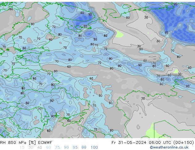 Humedad rel. 850hPa ECMWF vie 31.05.2024 06 UTC