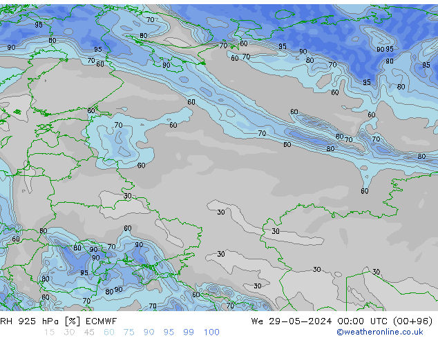 Humidité rel. 925 hPa ECMWF mer 29.05.2024 00 UTC