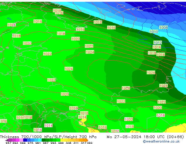 Dikte700-1000 hPa ECMWF ma 27.05.2024 18 UTC