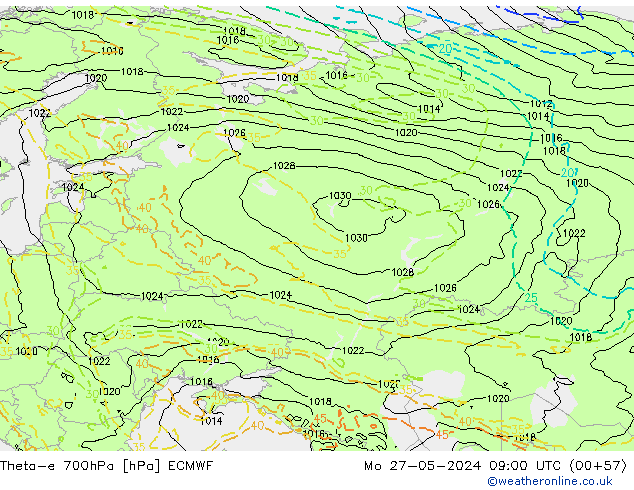 Theta-e 700hPa ECMWF Mo 27.05.2024 09 UTC