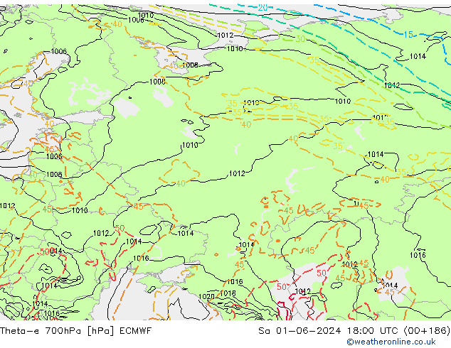 Theta-e 700hPa ECMWF Sa 01.06.2024 18 UTC