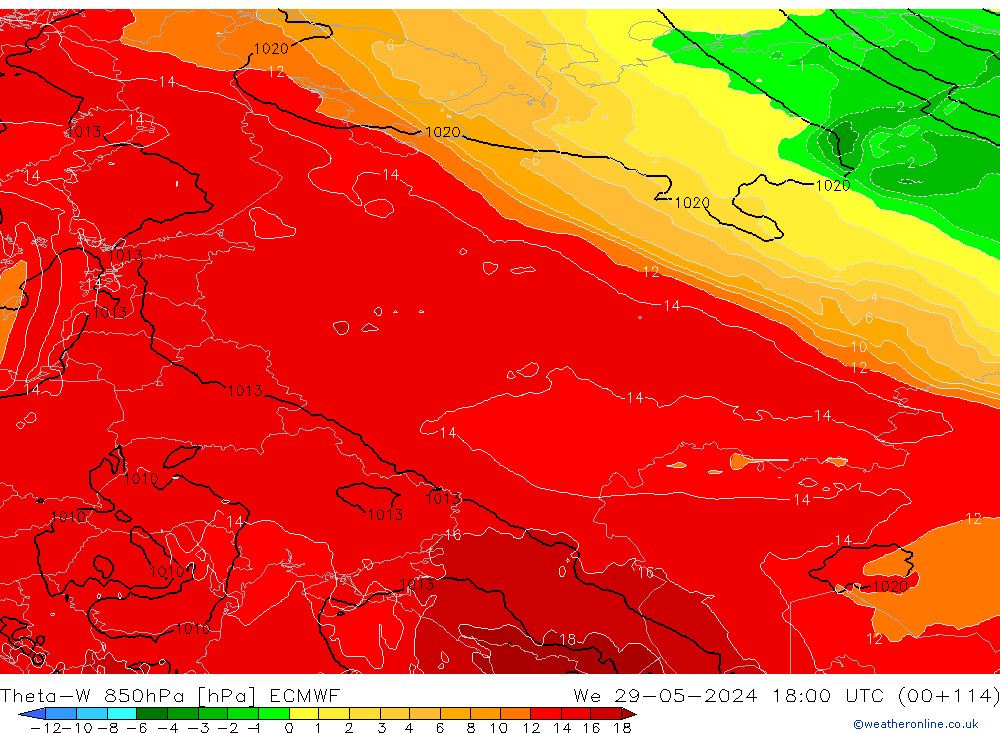 Theta-W 850hPa ECMWF  29.05.2024 18 UTC