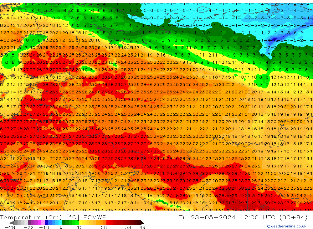 Temperatura (2m) ECMWF mar 28.05.2024 12 UTC