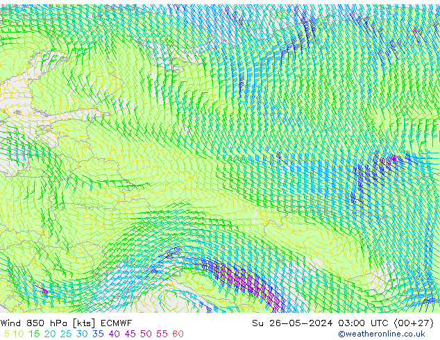 Viento 850 hPa ECMWF dom 26.05.2024 03 UTC