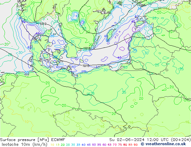 Isotachs (kph) ECMWF Dom 02.06.2024 12 UTC