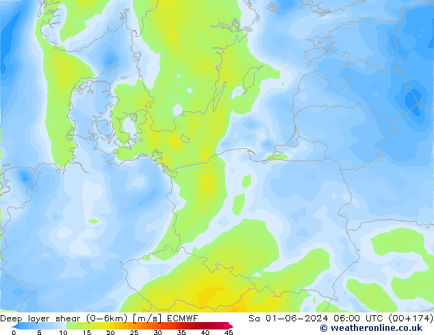 Deep layer shear (0-6km) ECMWF Sáb 01.06.2024 06 UTC