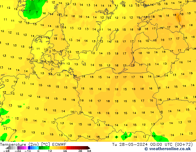 Temperature (2m) ECMWF Út 28.05.2024 00 UTC