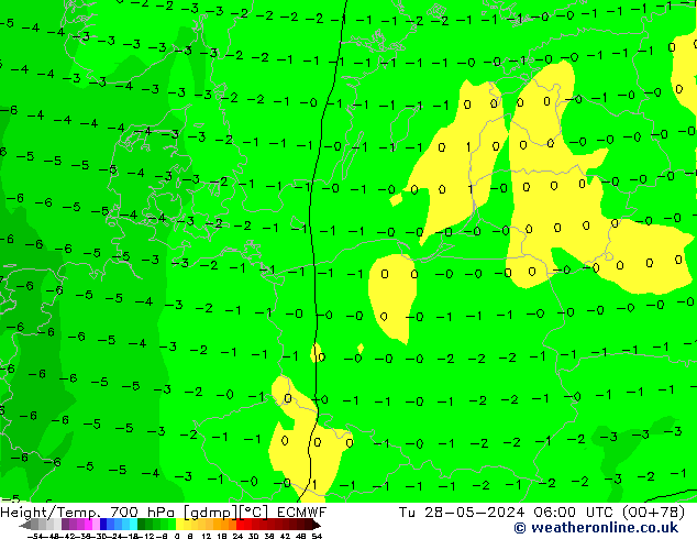 Height/Temp. 700 hPa ECMWF Di 28.05.2024 06 UTC