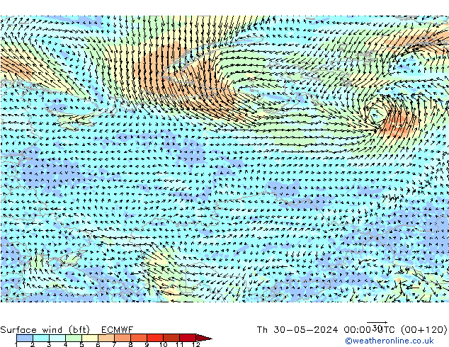 wiatr 10 m (bft) ECMWF czw. 30.05.2024 00 UTC