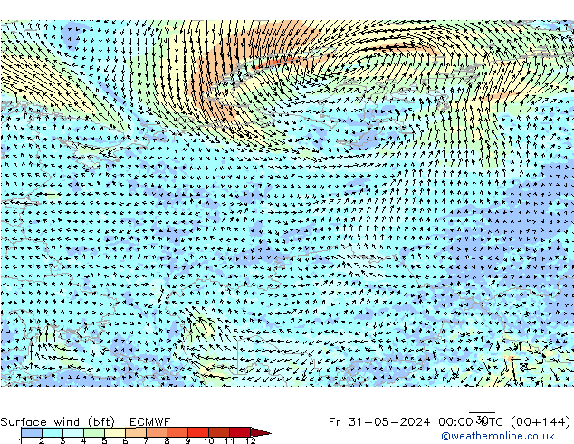 Surface wind (bft) ECMWF Pá 31.05.2024 00 UTC