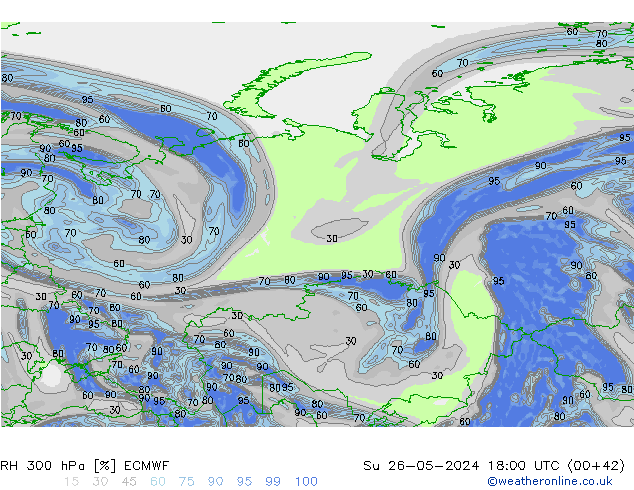 Humidité rel. 300 hPa ECMWF dim 26.05.2024 18 UTC