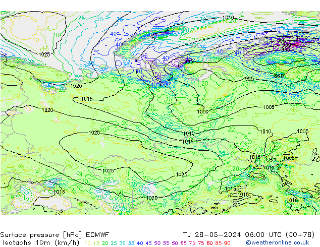 Isotachs (kph) ECMWF вт 28.05.2024 06 UTC