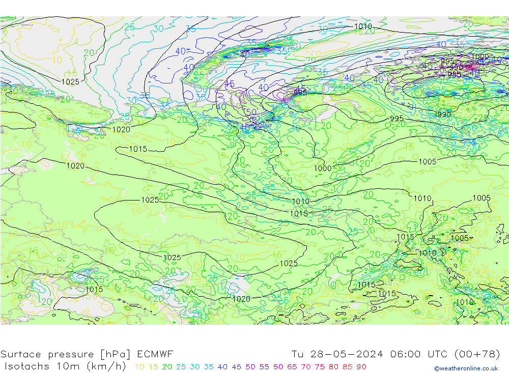 Isotachs (kph) ECMWF вт 28.05.2024 06 UTC