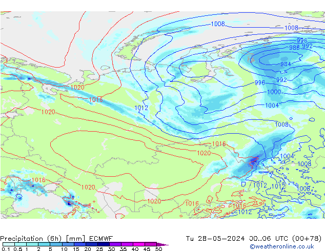 Precipitation (6h) ECMWF Út 28.05.2024 06 UTC