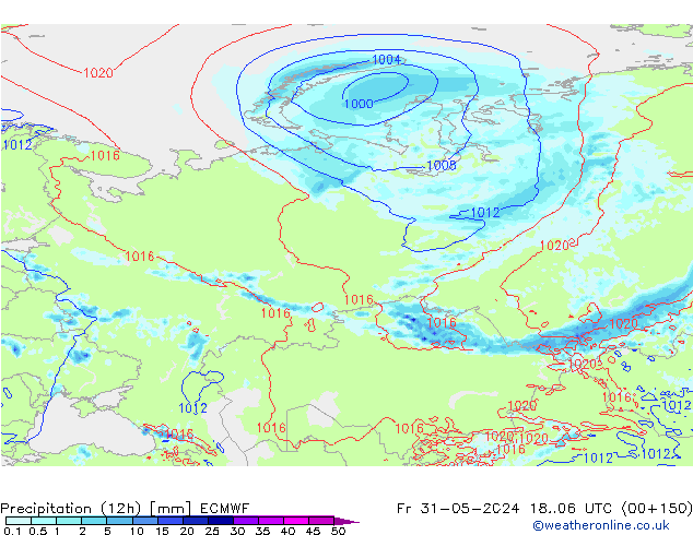 Totale neerslag (12h) ECMWF vr 31.05.2024 06 UTC