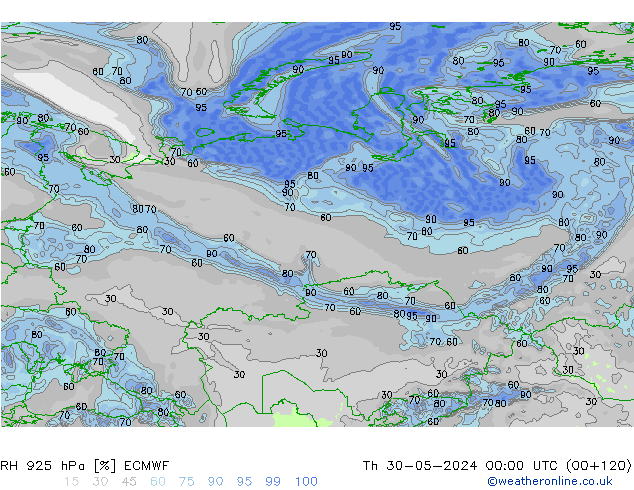 RH 925 hPa ECMWF czw. 30.05.2024 00 UTC