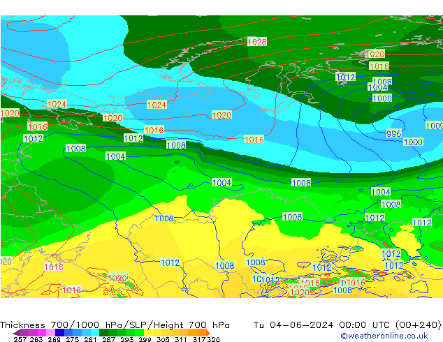 Thck 700-1000 hPa ECMWF Tu 04.06.2024 00 UTC