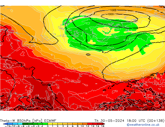 Theta-W 850hPa ECMWF Čt 30.05.2024 18 UTC