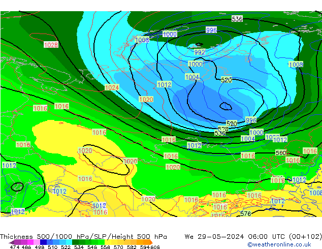 Thck 500-1000hPa ECMWF mer 29.05.2024 06 UTC