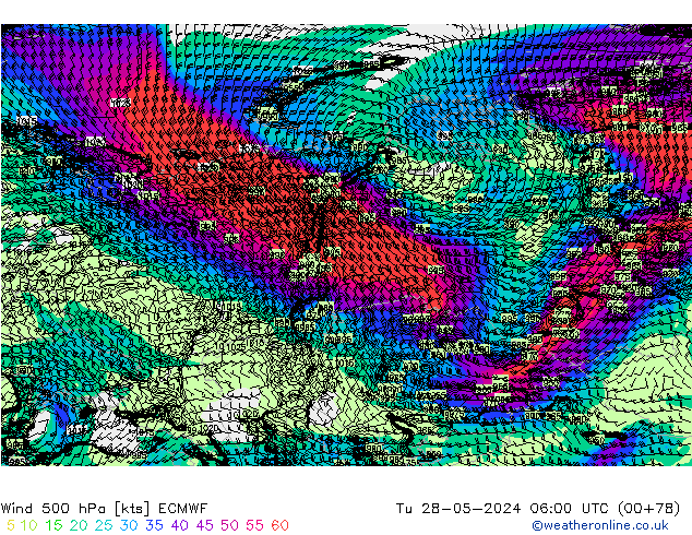 Wind 500 hPa ECMWF Út 28.05.2024 06 UTC